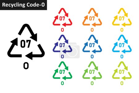 Illustration for OTHER plastic recycling code icon set. Plastic recycling symbol 07 O. Plastic recycling code 07 icon collection in ten different colors. Set of plastic recycling code symbol icon 07 O. - Royalty Free Image