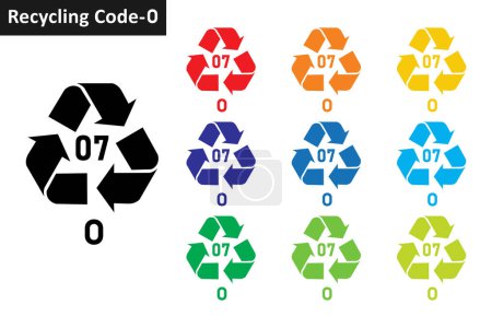 Illustration for OTHER plastic recycling code icon set. Mobius Strip Plastic recycling symbol 07 O. Plastic recycling code 07 icon collection in ten colors. Set of plastic recycling code symbol icon 07 O. - Royalty Free Image