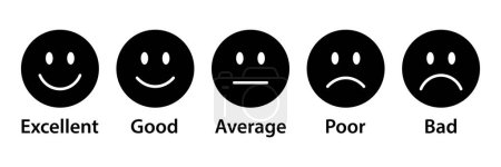 Photo for Rating emojis set in black color. Feedback emoticons collection. Excellent, good, average, poor, bad emoji icons. Flat icon set of rating and feedback emojis icons in black colour. - Royalty Free Image