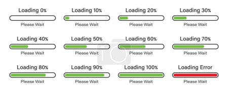 Photo for Loading please wait bar slider icon set 0-100% in green color. Percentage loading bar infographic icon set 0-100% in green color. set of percentage loading bar 10%, 20%, 70, 90%, 100% in green color. - Royalty Free Image