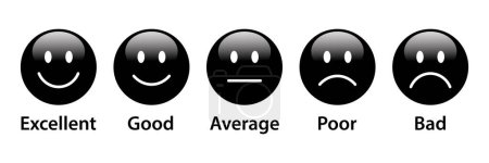 Téléchargez les illustrations : Évaluation 3D Emojis en couleur noire avec étiquette. Rétroaction émoticônes collection. Excellent, bon, moyen, mauvais émoticônes et très mauvais. Ensemble d'icônes plates de notation et de feedback emojis icônes en couleur noire. - en licence libre de droit