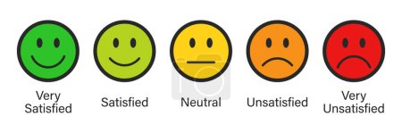 Téléchargez les illustrations : Évaluation emojis ensemble dans différentes couleurs avec contour noir. Rétroaction émoticônes collection. icônes emoji très satisfaits, satisfaits, neutres, insatisfaits. Ensemble d'icônes plates de notation et de feedback emojis icônes. - en licence libre de droit