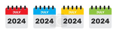 Kalender Juli 2024 in vier verschiedenen Farben. 2024 Juli Kalendersymbol in roter, blauer, gelber und grüner Farbe. Juli Monat flaches Kalendersymbol isoliert auf weißem Hintergrund. 