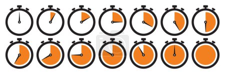 Photo for Clock icon set in orange color. Stopwatch symbol set. Countdown clock stopwatch, timer vector illustation. Collection of timer icon set in orange color on white background. - Royalty Free Image
