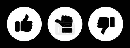 Like, dislike and neutral thumb symbols in black and white circle. Feedback and rating thumbs up and thumbs down icons set. Thumbs up, down and sideways icon set isolated on black background.