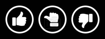 Illustration for Like, dislike and neutral thumb symbols in white circle outline. Feedback and rating thumbs up and thumbs down icon set. Thumbs up, down and sideways symbols isolated on black background. - Royalty Free Image