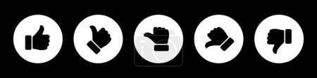 Clasificación y retroalimentación símbolo del pulgar conjunto en color blanco y negro. Conjunto de iconos de revisión satisfechos, insatisfechos y neutrales para votación y encuestas. Excelente, bueno, promedio, pobre, mala calificación conjunto de iconos de pulgar.