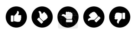 Escala de valoración y feedback con símbolo de pulgar negro. Excelente, bueno, promedio, pobre, mala calificación conjunto de iconos de pulgar. iconos de revisión satisfechos, insatisfechos y neutrales para las votaciones y encuestas.