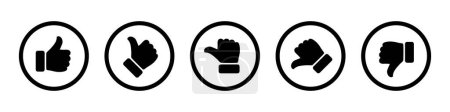 Escala de valoración y retroalimentación con el símbolo del pulgar contorno círculo negro. Excelente, bueno, promedio, pobre, mala calificación conjunto de iconos de pulgar. Satisfecho conjunto de iconos de revisión, voto y encuesta insatisfechos.