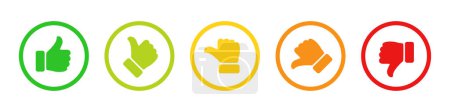 Escala de valoración y feedback con símbolo de pulgar en color verde, amarillo y rojo. Excelente, bueno, promedio, pobre, mala calificación conjunto de iconos de pulgar. Conjunto de iconos de encuesta satisfactorio, insatisfecho y neutral.