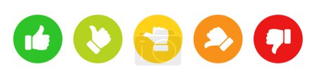 Escala de valoración y feedback con símbolo de pulgar en color verde, amarillo y rojo. Excelente, bueno, promedio, pobre, mala calificación conjunto de iconos de pulgar. Iconos satisfechos, insatisfechos y neutrales para encuestas y votaciones.