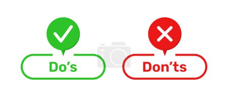 Photo for Right and Wrong symbols with Do's and Don'ts buttons. Do's and Don'ts buttons with right and wrong symbols in green and red color. Check box icon with tick and cross symbols with do and don't buttons. - Royalty Free Image