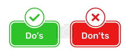 Illustration for Do's and Don'ts buttons with right and wrong symbols. Check box icon with tick and cross symbols with do's and don'ts button icons in green and red box. Do and Don't symbol vector. - Royalty Free Image
