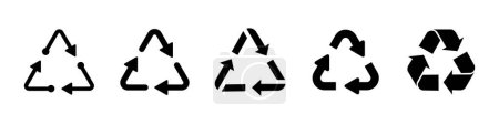 Recycling symbol set in black color. Triangle recycle arrow icon set. Triangular recycle, reuse icon set. Set of triangular recycling icons in black color isolated on white background.