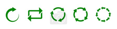 Symbole circulaire de recyclage de couleur verte. Cercle recyclage icône flèche ensemble. Recyclage circulaire, réutilisation, rechargement, rafraîchissement, icône répétée en couleur verte isolée sur fond blanc.