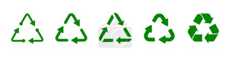 Recycling symbol set in green color. Triangle recycle arrow icon set. Triangular recycle, reuse icon set. Set of triangular recycling icons in green color isolated on white background.