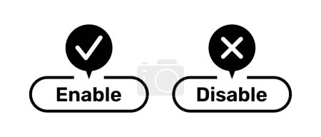 Right and Wrong symbols with Enable and Disable buttons black color. Enable and Disable buttons with right and wrong symbols. Tick and cross symbols with enable and disable buttons.