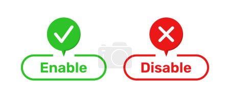 Right and Wrong symbols with Enable and Disable buttons green and red color. Enable and Disable buttons with right and wrong symbols. Tick and cross symbols with enable and disable buttons.