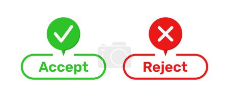 Photo for Accept and Reject buttons with right and wrong symbols. Right and Wrong symbols with Accept and Reject buttons in green and red color. Tick and cross symbols with accept and reject buttons. - Royalty Free Image