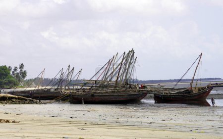 Fischerflotte an einem weißen Sandstrand bei Ebbe mit Palmen im Hintergrund