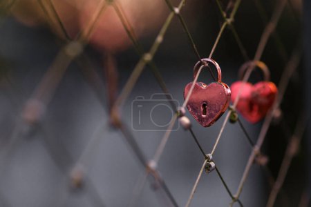 Téléchargez les photos : Une serrure à clé suspendue à une clôture métallique sur un pont. Un signe d'amour véritable et d'engagement de deux personnes qui veulent quelque chose de sérieux. Peut-être que ça mène à un fiançailles, un mariage ou des enfants - en image libre de droit