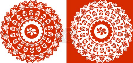 Foto de Diseño redondo con formas geométricas y flores. Mandala rojo sobre fondo blanco. Mandala blanco sobre fondo rojo. Patrón en un círculo de postales, portada de libro, blogs. Corte de papel chino - Imagen libre de derechos