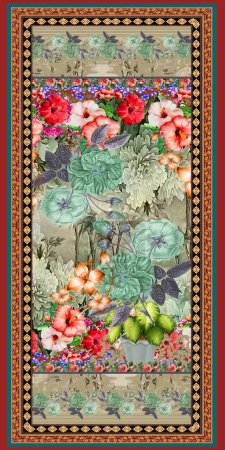 Indian Dupatta Kantha embroidery artwork carpet for digital textile print. Fancy Rug Digital seamless geometric background Design pastel color. Retro Kurtis Vintage Carpet Print Design Illustration.
