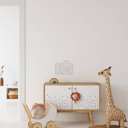 Photo for Wall mockup in the children's room interior. Nursery Interior. Boho scandinavian eco style. 3d rendering, 3d illustration - Royalty Free Image