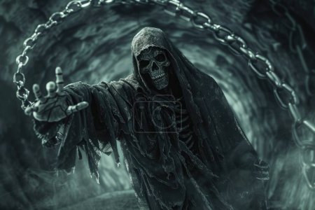 Foto de The Grim Reaper encarnando el enigmático viaje de las almas a través del velo de mortalidad para sus negocios de fondo, póster, papel tapiz, pancarta, tarjetas de felicitación y publicidad para entidades comerciales o marcas. - Imagen libre de derechos
