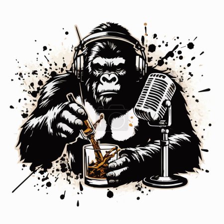 Ilustración de Descubre la alegría en la creatividad con este diseño de vectores de gorila. La pintura salpicada añade un toque único a la excéntrica imagen de temática radiofónica, retratando a un gorila que acoge un programa de radio mientras disfruta del whisky. Adecuado para diversos propósitos impresos y digitales. - Imagen libre de derechos