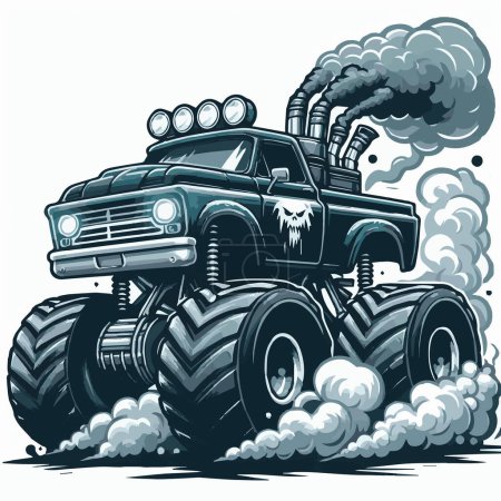 Monster-Truck-Rennen mit Rauch-Vektorillustration für Logos, T-Shirt-Merchandise, Aufkleber, Etikettendesigns, Poster, Grußkarten und Werbung für Unternehmen oder Marken.