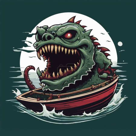 Sea monster currently drifting wooden boat in the middle of the ocean illustration for your work's logos, T-shirt merchandise, stickers, label designs, posters, greeting cards, and advertising for business entities or brands.