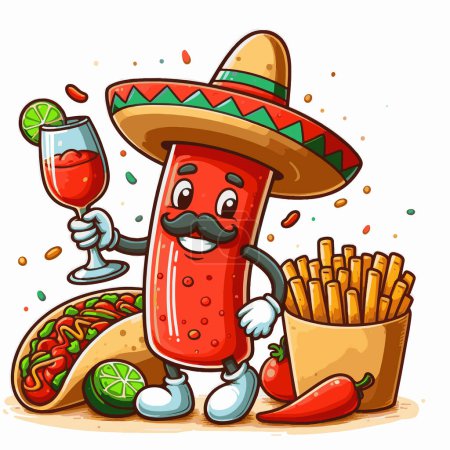 Chili cinco de mayo con ilustración de dibujos animados de alimentos mexicanos para los logotipos de su obra, mercancía de camisetas, pegatinas, diseños de etiquetas, carteles, tarjetas de felicitación y publicidad para entidades comerciales o marcas.