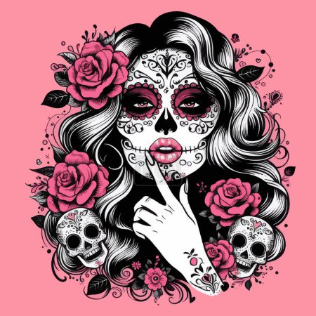 Illustration for Seductive Dia de los Muertos Illustration Beautiful Girl for your work's logos, T-shirt merchandise, stickers, label designs, posters, greeting cards, and advertising for business entities or brands. - Royalty Free Image
