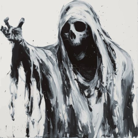 Illustration for In the depths of an ethereal white void, the Grim Reaper stands alone, a solemn and haunting figure. Surrounded by stark solitude, the Reaper embodies the enigmatic nature of death. This iconic symbol of the afterlife and the supernatural exudes an e - Royalty Free Image