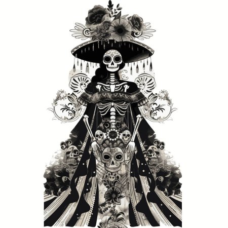 Atemberaubende handgezeichnete Vektorillustration von La Catrina, der ikonischen Figur der mexikanischen Mythologie für Logos, T-Shirt-Merchandise, Aufkleber, Etikettendesigns, Poster, Grußkarten und Werbung für Unternehmen oder Marken