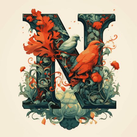 Nature Inspired Engraved Lettering N with Birds Künstlerische Designs für Ihre Logos, T-Shirt Merchandise, Aufkleber, Etikettendesigns, Poster, Grußkarten und Werbung für Unternehmen oder Marken.