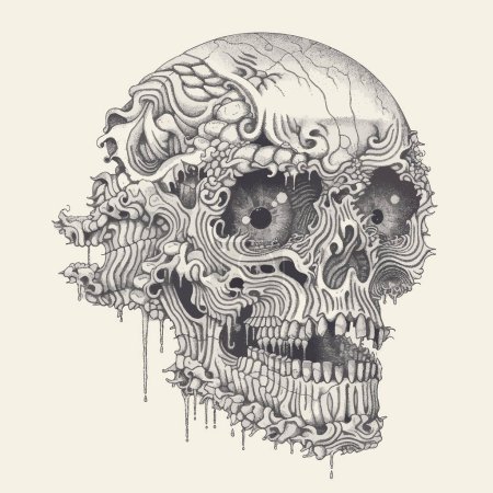 Horror temático Skull Illustration Scary Black and White Bone Obra de arte para los logotipos de su obra, mercancía de camisetas, pegatinas, diseños de etiquetas, carteles, tarjetas de felicitación y publicidad para entidades comerciales o marcas.
