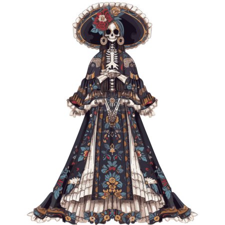 Elegante La Catrina Illustration in einem langen Kleid Day of the Dead Konzept für Logos, T-Shirt Merchandise, Aufkleber, Etikettendesigns, Poster, Grußkarten und Werbung für Unternehmen oder Marken