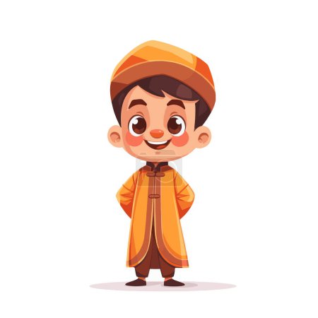 Delightful Cartoon of a Muslim Boy in Traditional Attire for your work's logos, T-shirt merchandise, stickers, label designs, posters, greeting cards, and advertising for business entities or brands.