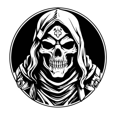 Sleek Black and White Art of Death Dealer Character for your work's logos, T-shirt merchandise, stickers, label designs, posters, greeting cards, and advertising for business entities or brands.
