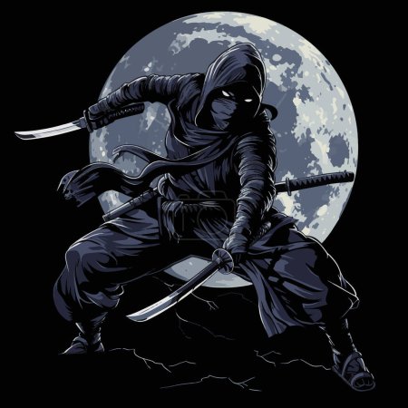 Dangerous Ninja Warrior Moonlit Stealth Vector Illustrative für Logos, T-Shirt Merchandise, Aufkleber, Etikettendesigns, Poster, Grußkarten und Werbung für Unternehmen oder Marken.