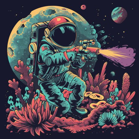 Alien Planet Exploration Retro Space Explorer Astronaut mit Laserpistole Vector Illustrative für Ihre Arbeit Logos, T-Shirt Merchandise, Aufkleber, Etikettendesigns, Poster, Grußkarten und Werbung für Unternehmen oder Marken.