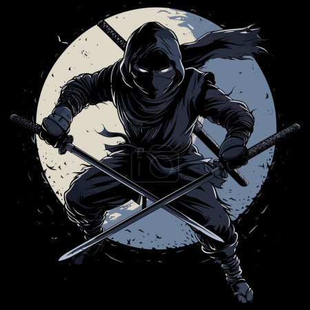 Sleek Ninja Assassin Moonlit Night Ambush Vector Illustrative for your work's logos, T-shirt merchandise, stickers, label designs, posters, greeting cards, and advertising for business entities or brands.
