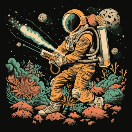 Vintage Space Adventure Astronaut Retro Explorer on an Alien Planet Vector Illustrative für Logos, T-Shirt Merchandise, Aufkleber, Etikettendesigns, Poster, Grußkarten und Werbung für Unternehmen oder Marken.