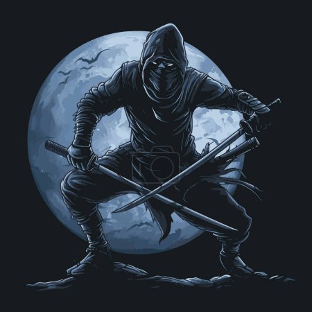 Illustration for Mysterious Ninja Assassin Shadows of the Night Vector Illustrative for your work's logos, T-shirt merchandise, stickers, label designs, posters, greeting cards, and advertising for business entities or brands. - Royalty Free Image