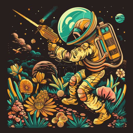 Retro Space Explorer Adventure on an Alien Planet Vector Illustrative für Logos, T-Shirt Merchandise, Aufkleber, Etikettendesigns, Poster, Grußkarten und Werbung für Unternehmen oder Marken.