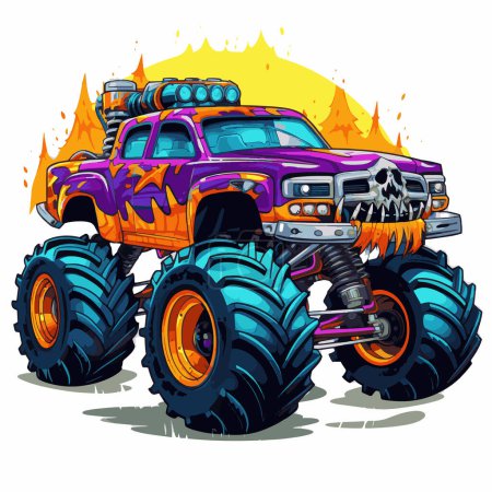 Téléchargez les illustrations : Cartoonish Monster Truck couleurs vibrantes et les caractéristiques exagérées - en licence libre de droit