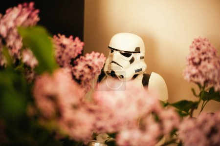 Photo for Galactic Bloom: Stormtrooper Amidst Cherry Blossom Splendor - Royalty Free Image