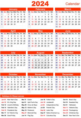 Kalender für 2024 Englische Woche beginnt am Sonntag.